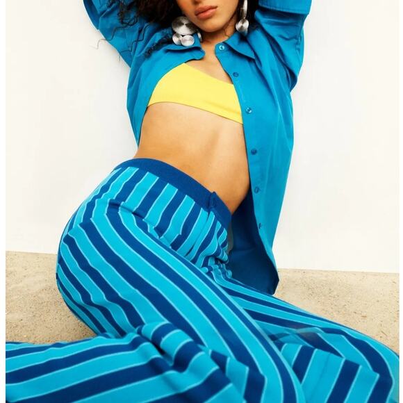 Simon Miller Jabber Pants High Rise Flat Front Wide Leg Trousers Blue Stripe M - Picture 2 of 10